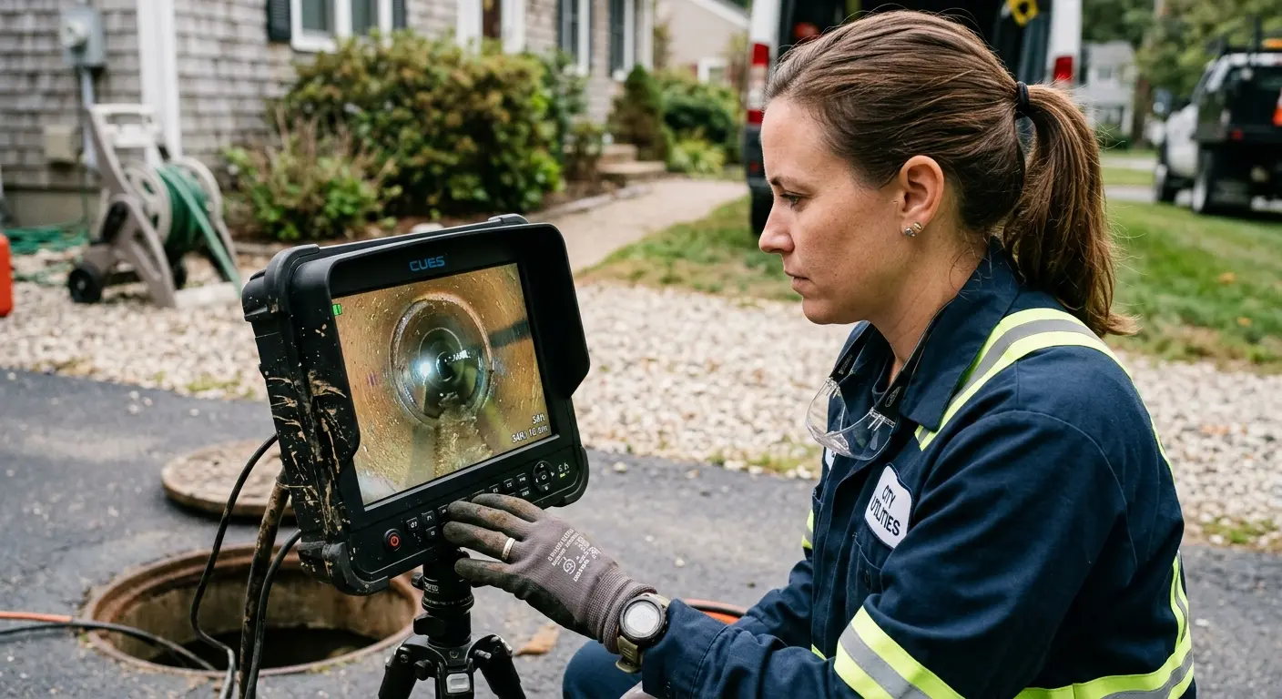 Technician reviewing sewer camera inspection footage in Flint