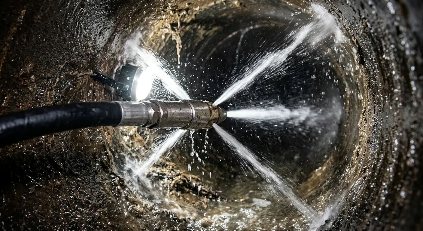 High-pressure hydro jetting nozzle cleaning sewer pipe for Sewer Cleanout in Flint