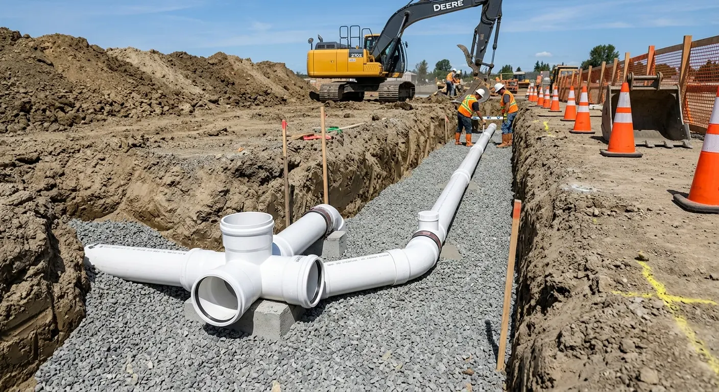 New PVC sewer pipe installation in open trench for Sewer Backup in Flint