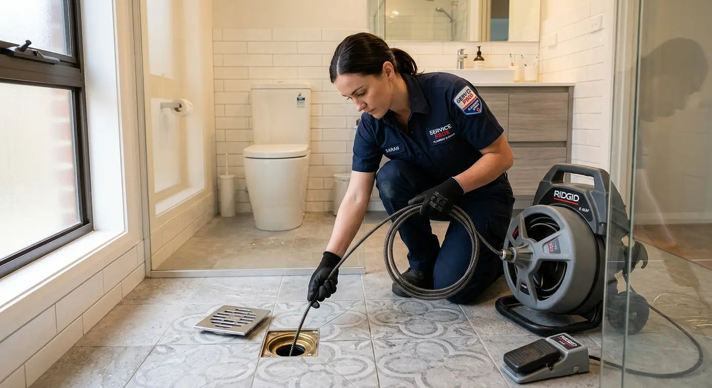 Technician clearing a bathroom floor drain for Drain Repair in Flint